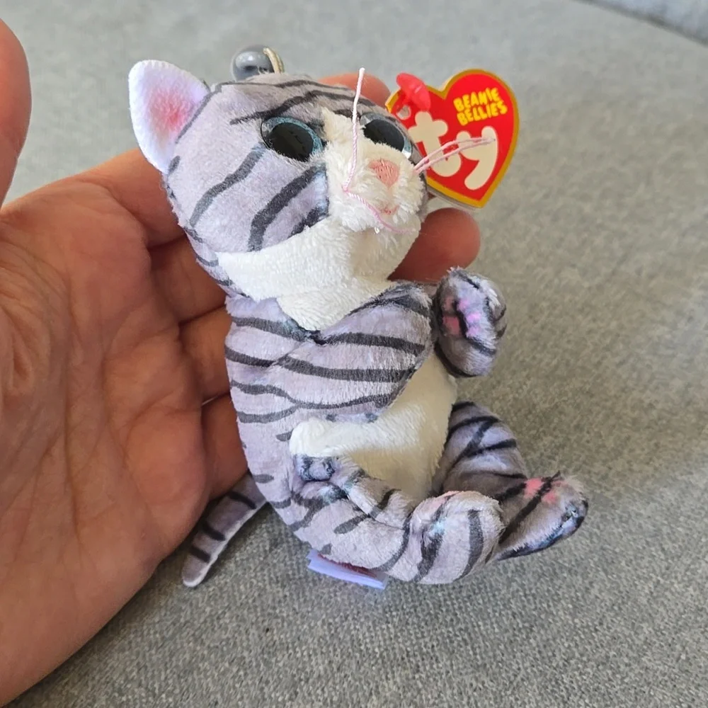 Ty Gray & White Striped Cat Plush Key Clip Kwychain, NWT